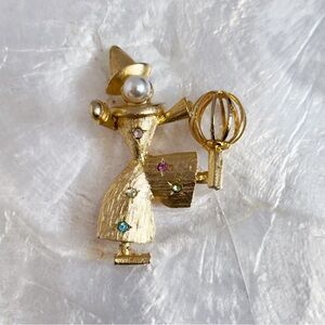 Vintage Gold Tone Clown Brooch Rhinestones